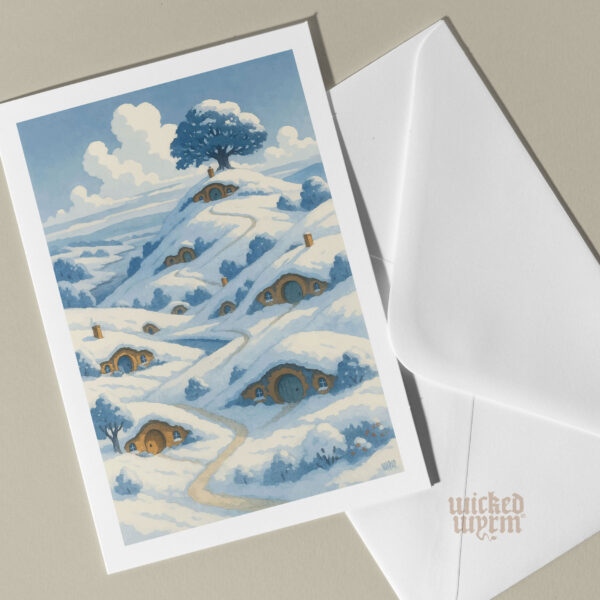 Hobbiton | The Shire | Yuletide | Winter | Tolkien Inspired A5 Greetings Card | Blank Inside | Fantasy Gift for Middle-earth Fans | WickedWyrm | UK